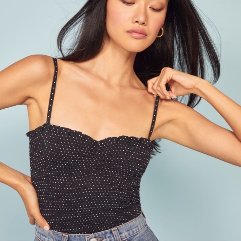 Reformation Black Polka Dot Smocked Cami
